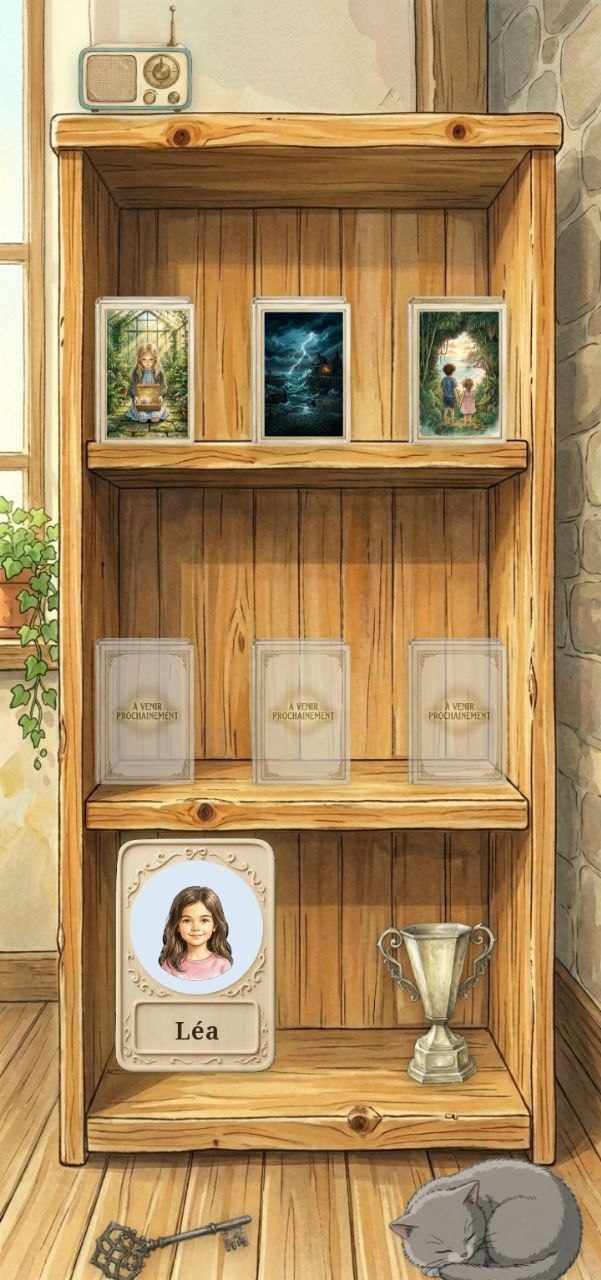 La bibliothèque Lecturo, avec ses trois premières histoires sur une étagère en bois