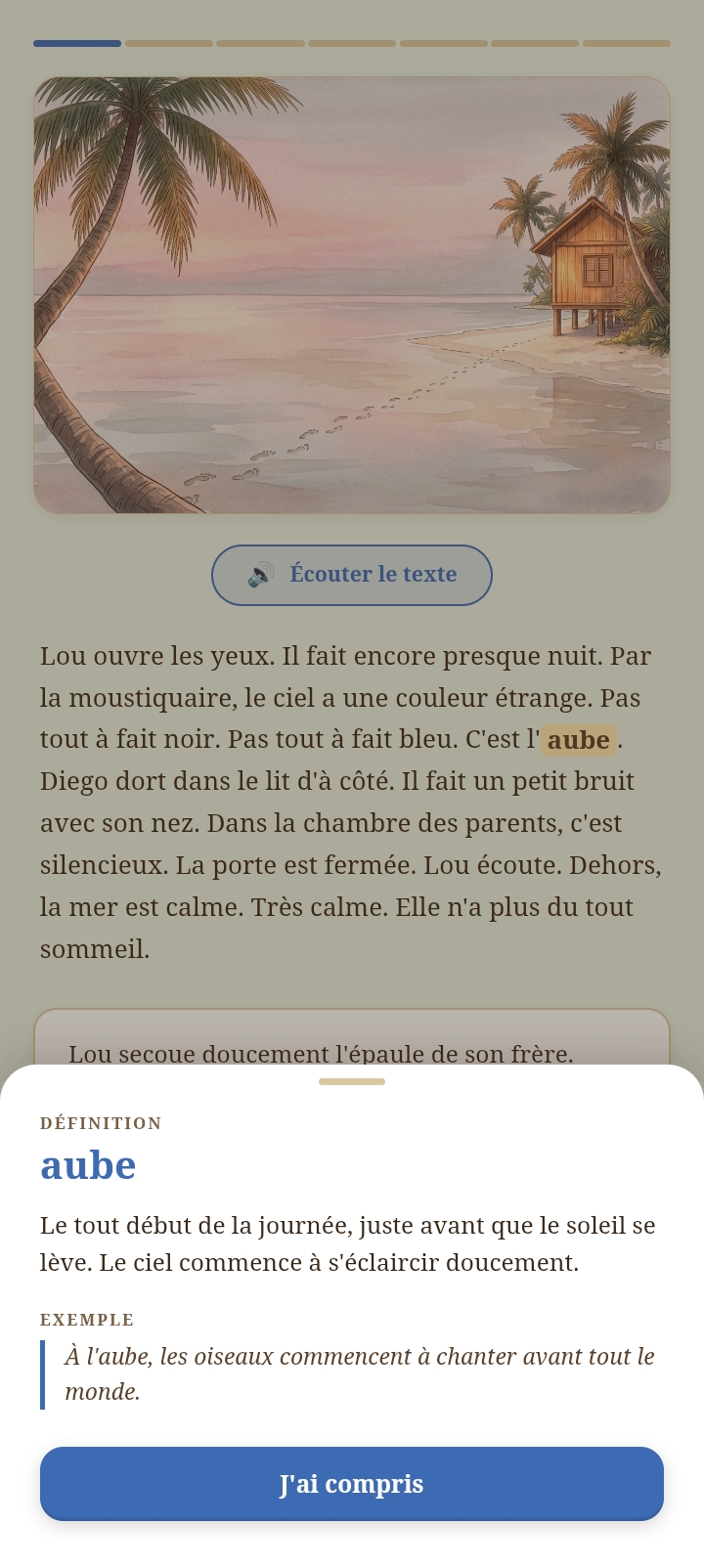 Capture d'écran : la définition d'un mot s'affiche au tap