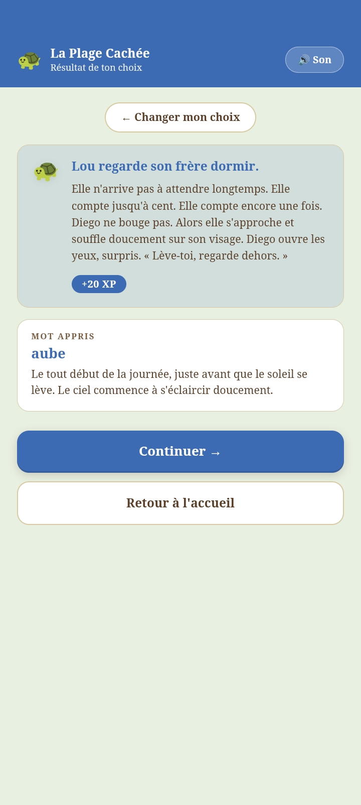 Capture d'écran : le résultat du choix, avec le mot appris